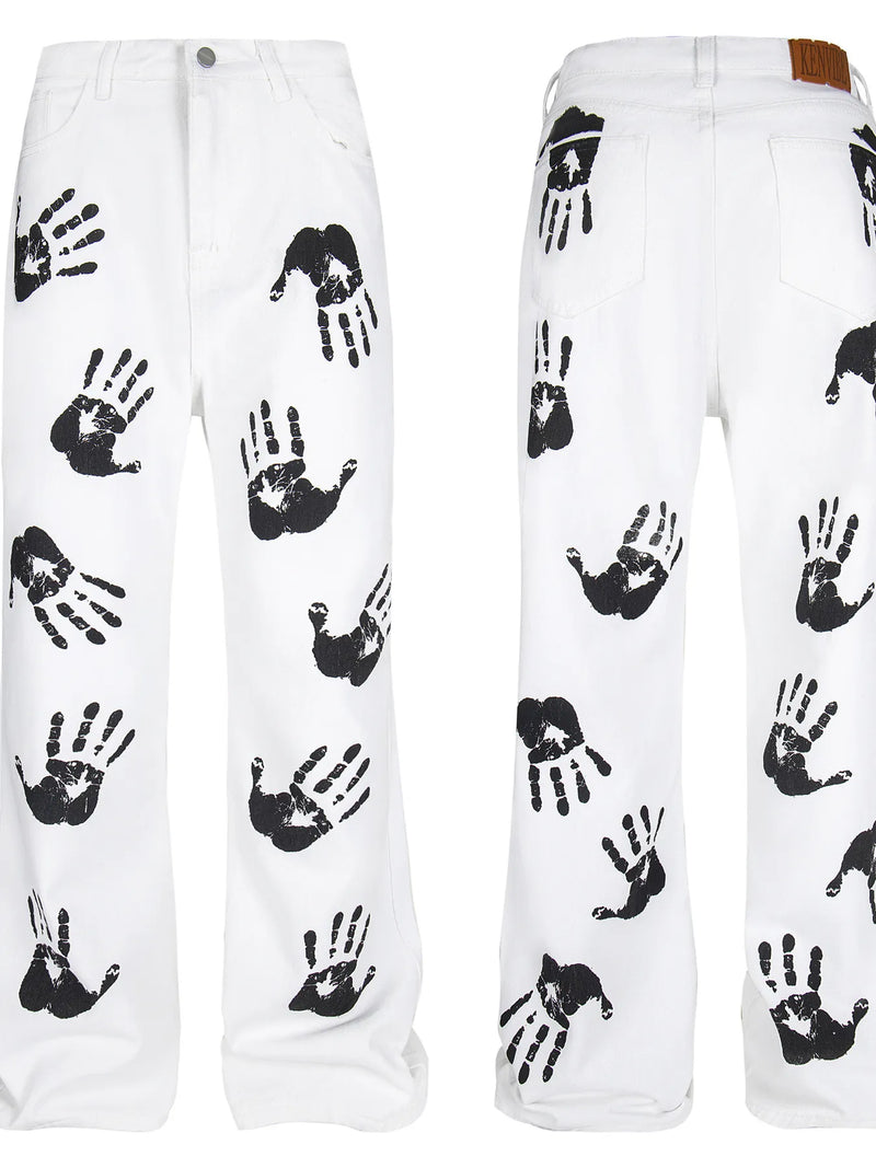 Men's white handprint pattern jeans, view 4