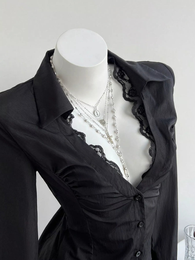 Black lace trim slim fit shirt, view 2