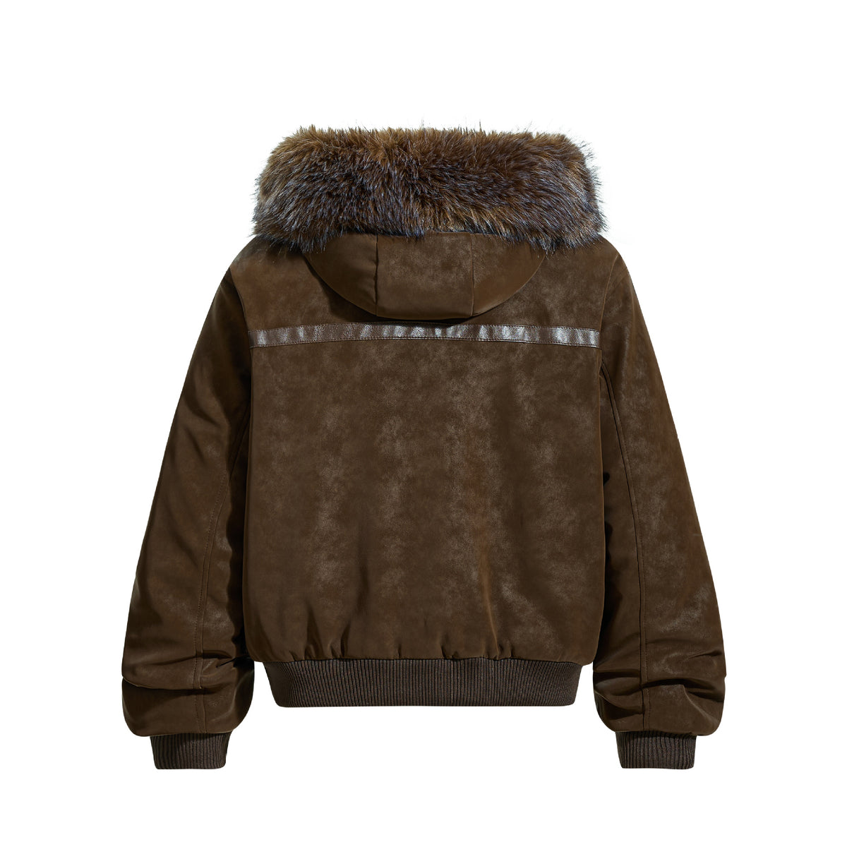 Plush collar hooded faux leather jacket, view 4