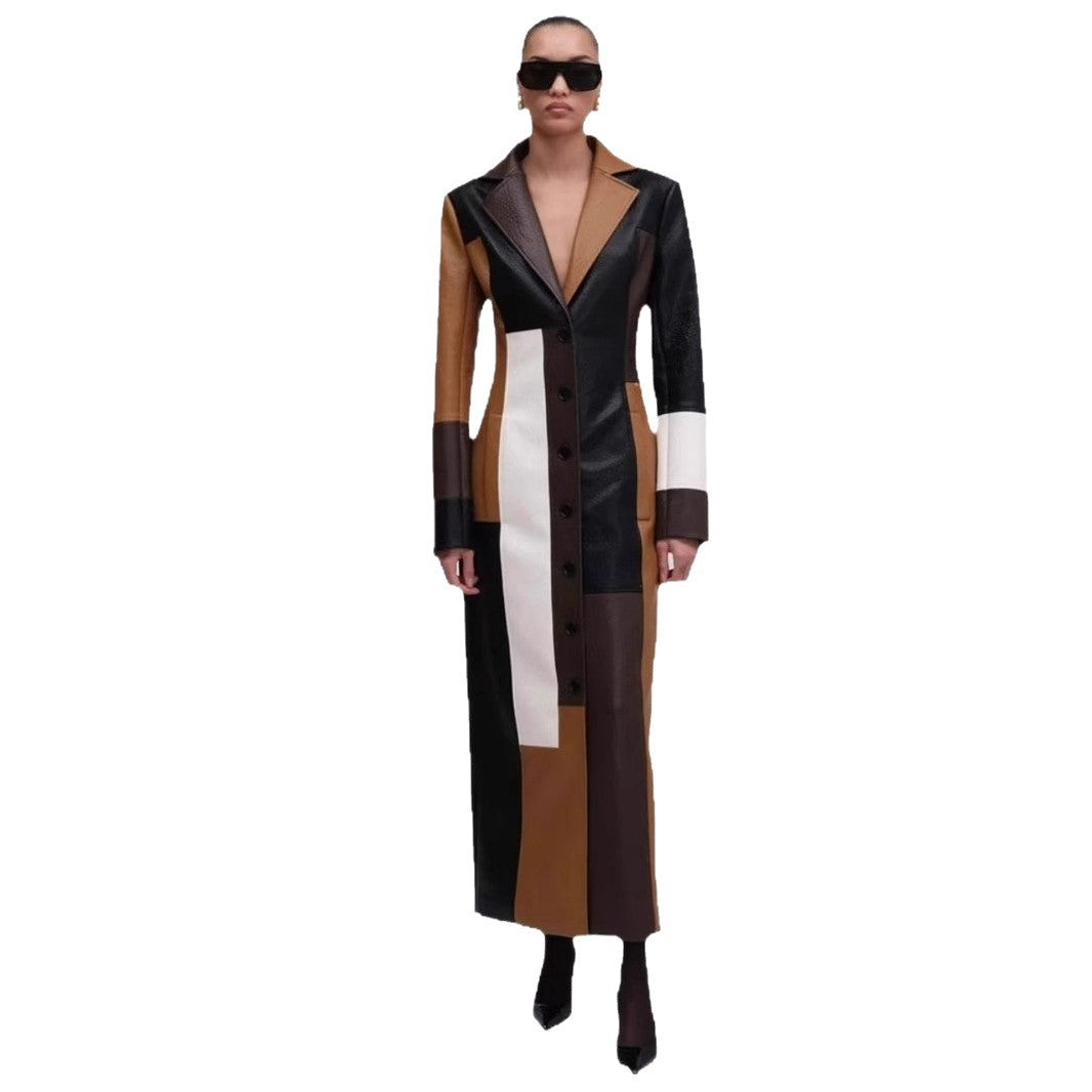 Autumn and winter V-neck women's long leather dress