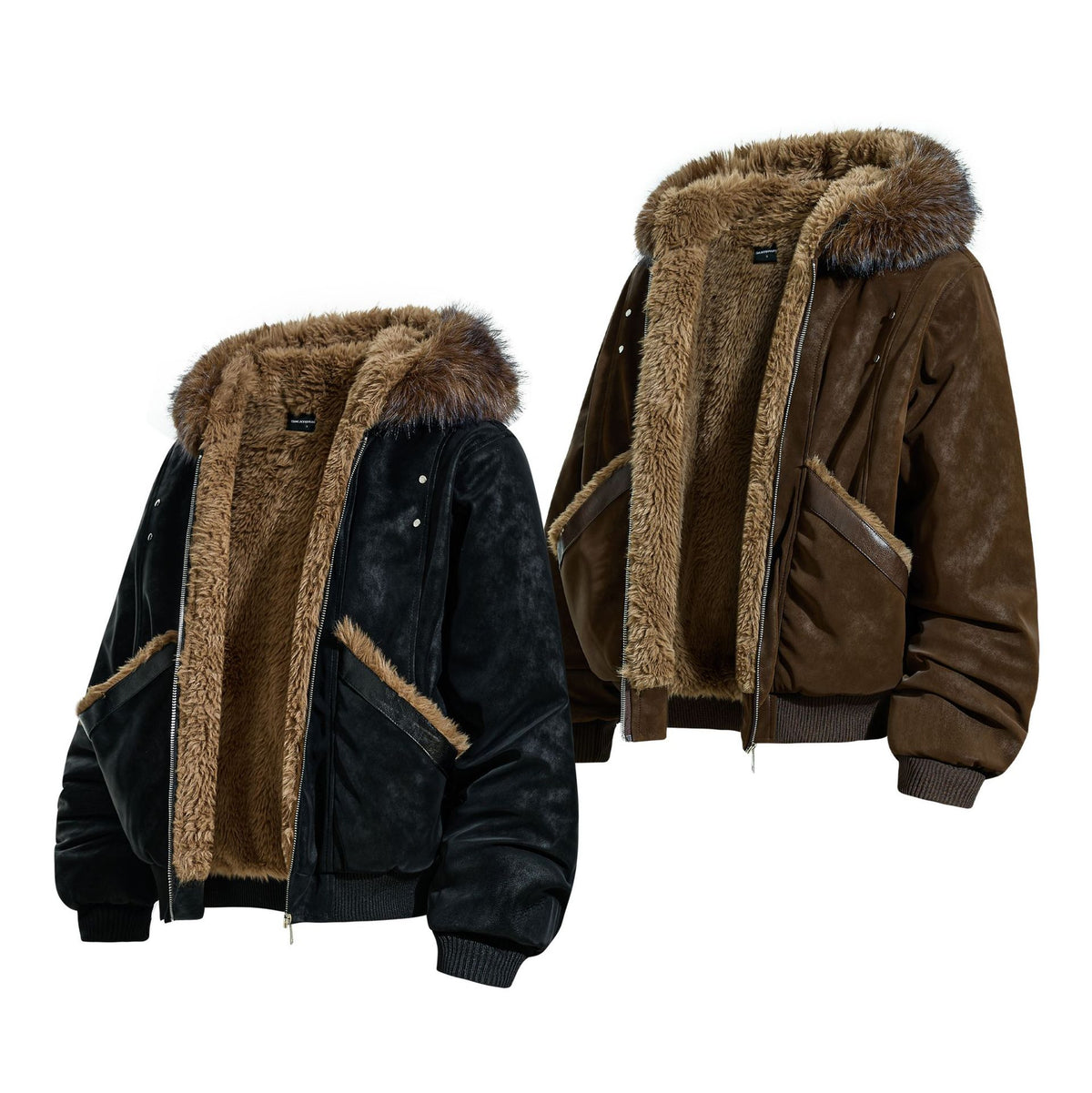 Plush collar hooded faux leather jacket, view 5