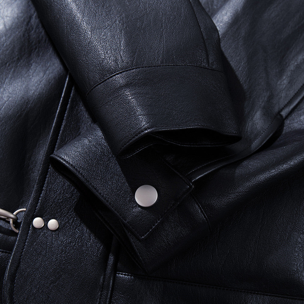 Short black flip collar faux leather jacket, view 4