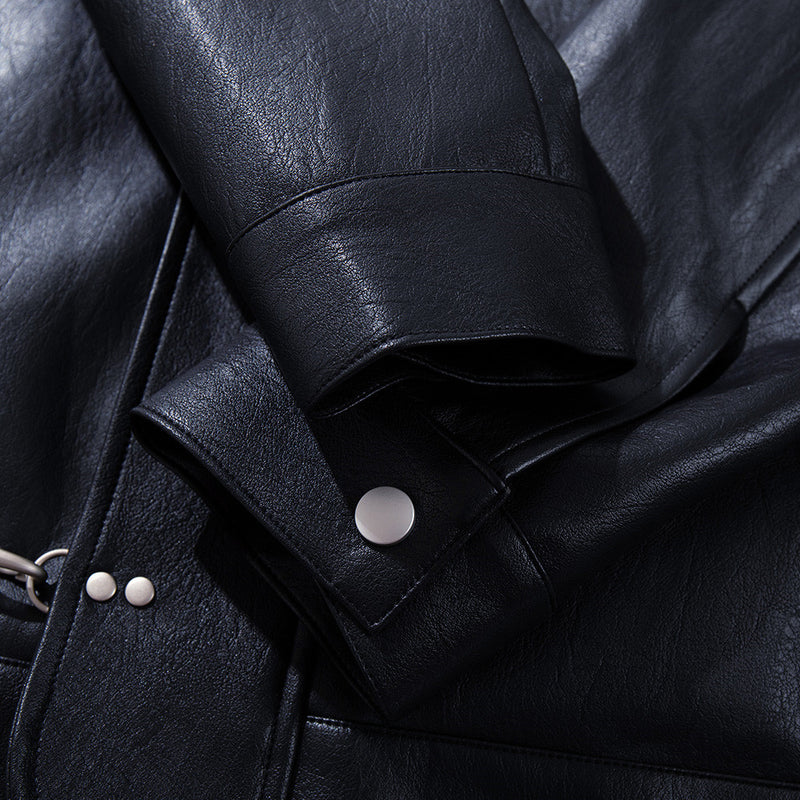 Short black flip collar faux leather jacket, view 4
