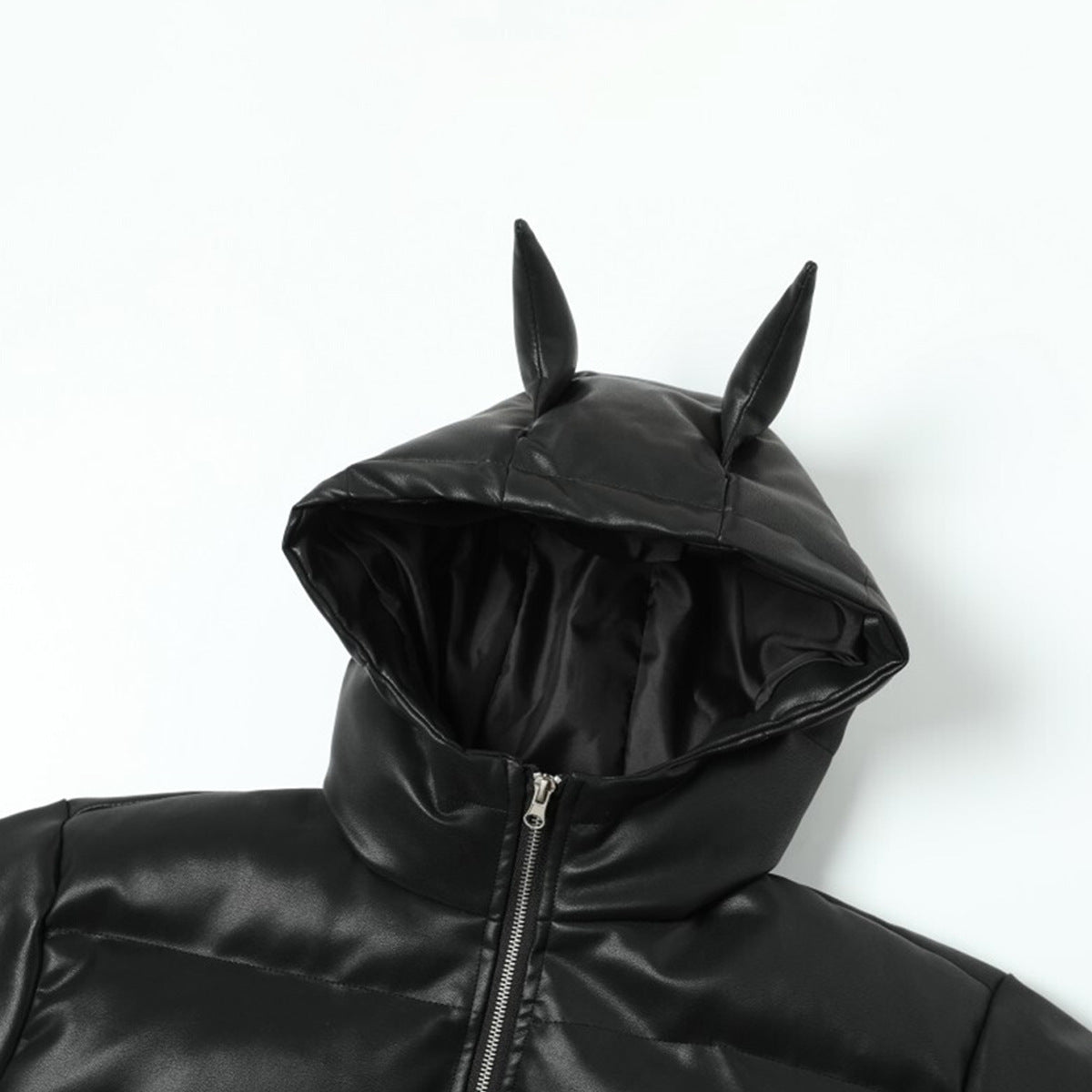 Hooded faux leather puffer jacket with devil horns, hood detail