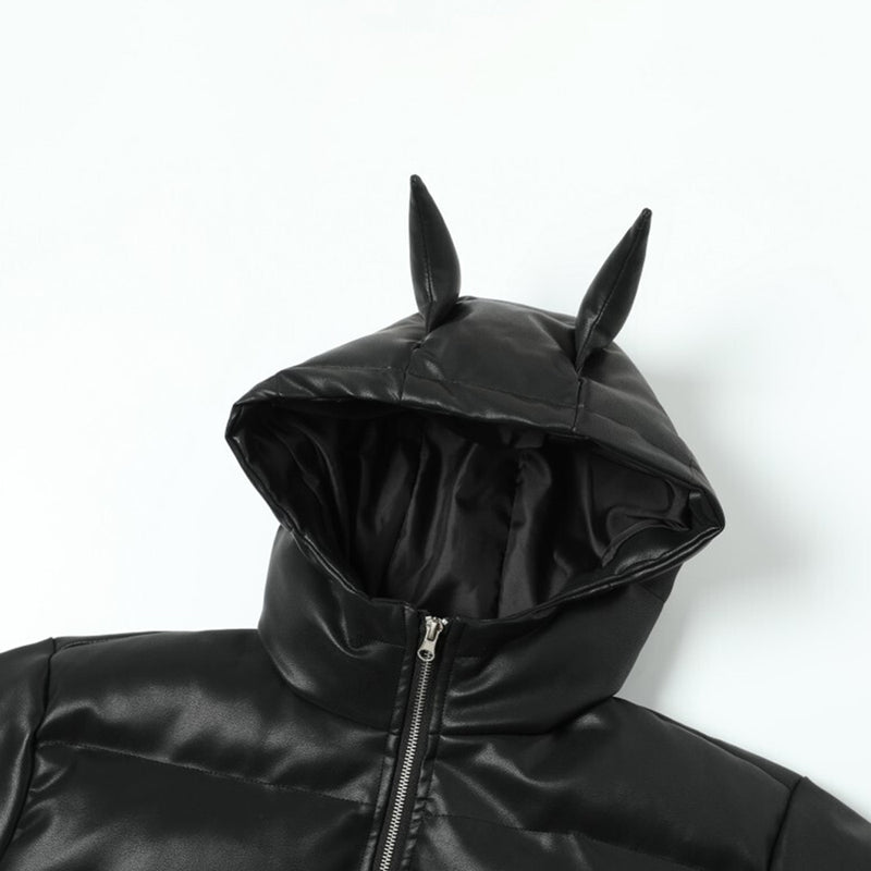 Hooded faux leather puffer jacket with devil horns, hood detail