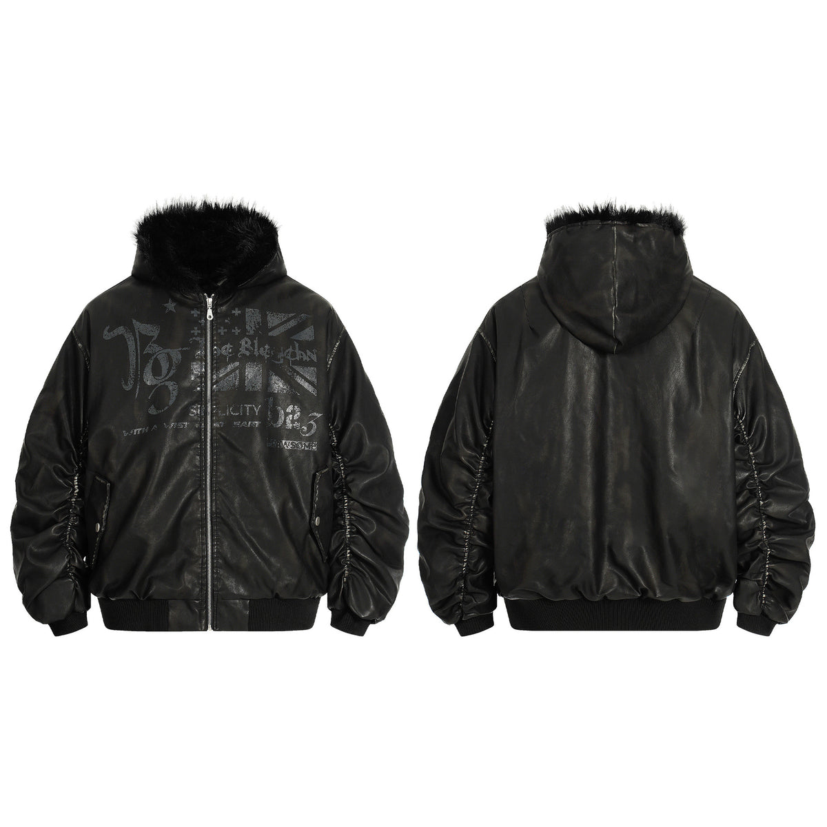 Retro hooded faux leather padded jacket, view 5
