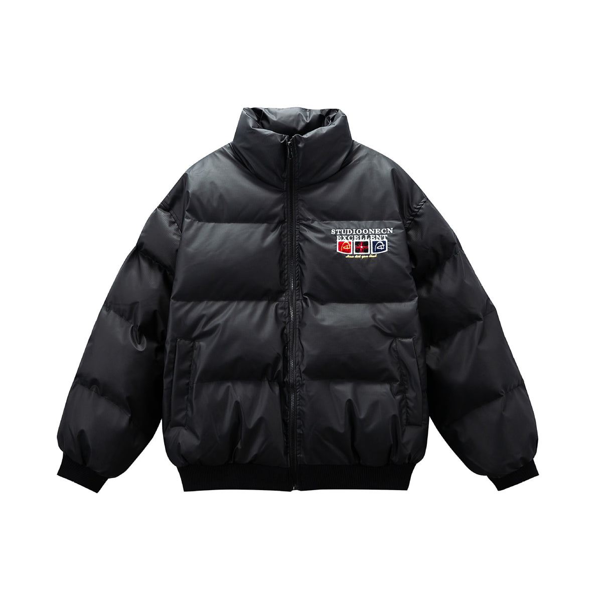 Letter Design Thick Warm Stand Collar PU Leather Cotton Coat