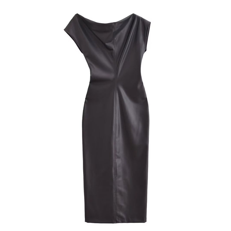 Black asymmetric faux leather pleated dress, view 2