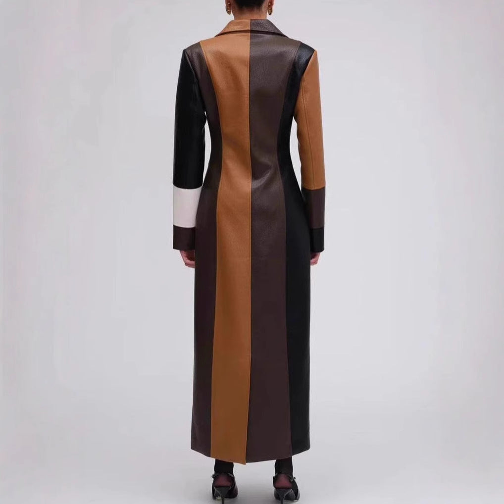 Autumn and winter V-neck women's long leather dress