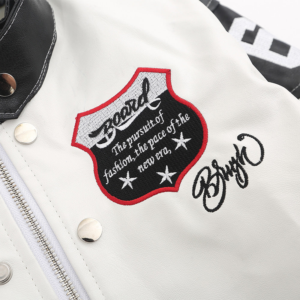 Casual Stitched PU Leather Jacket for Women Spring Color-Blocking