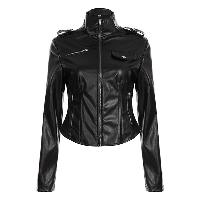 Waist slimming leather slimming long sleeved jacket