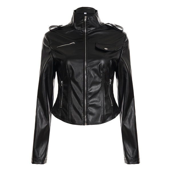 Waist slimming leather slimming long sleeved jacket