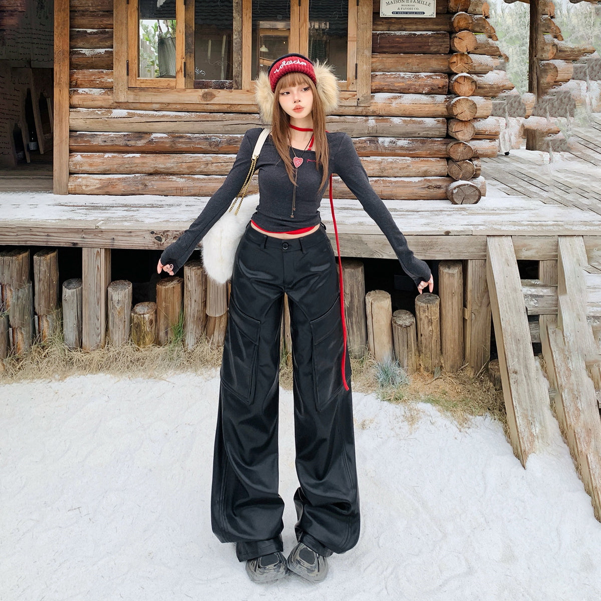 Vintage Loose Wide-Leg Versatile Fall/Winter Drapey Leather Pants