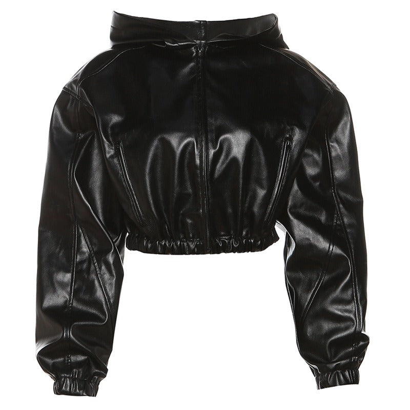 Women's cropped hooded faux leather jacket