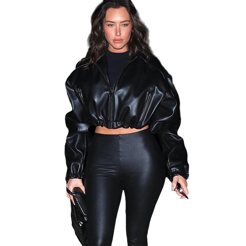 Women's cropped hooded faux leather jacket, view 2