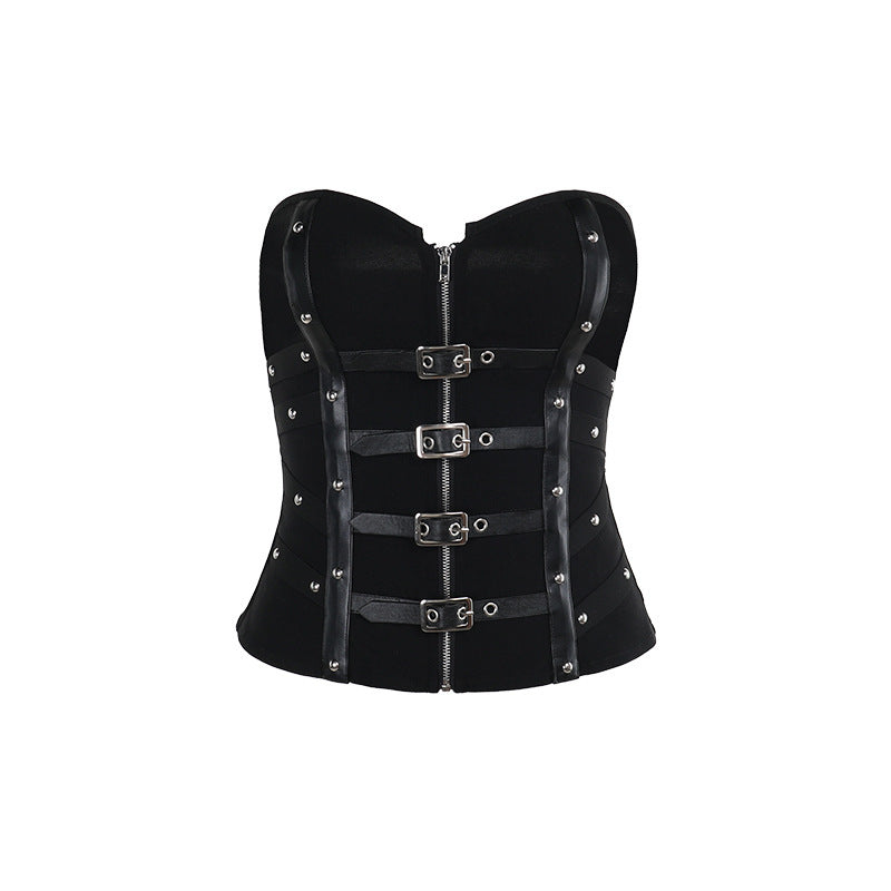 Spicy girl versatile fishbone strapless leather buckle vest for women