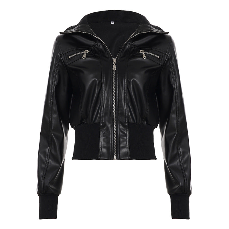 Retro dark leather pocket patchwork workwear jacket