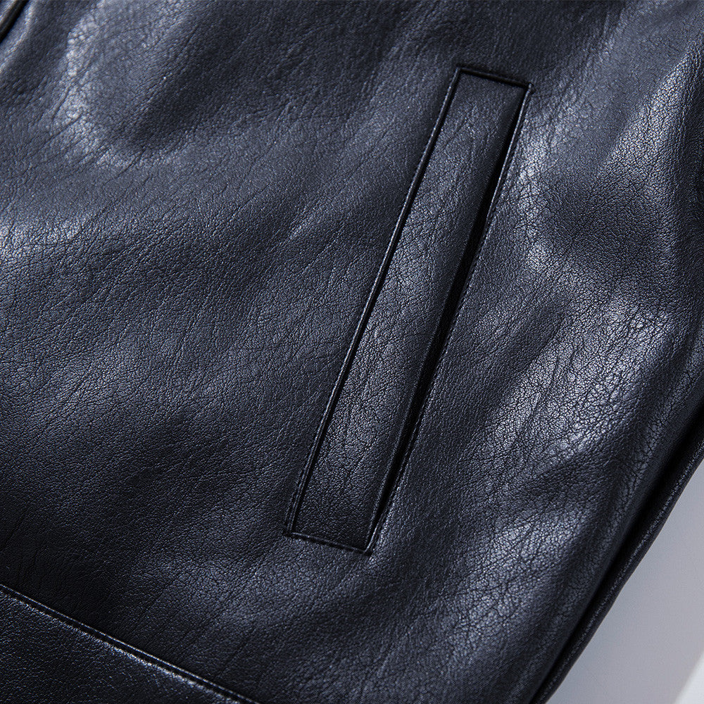 Short black flip collar faux leather jacket, view 3