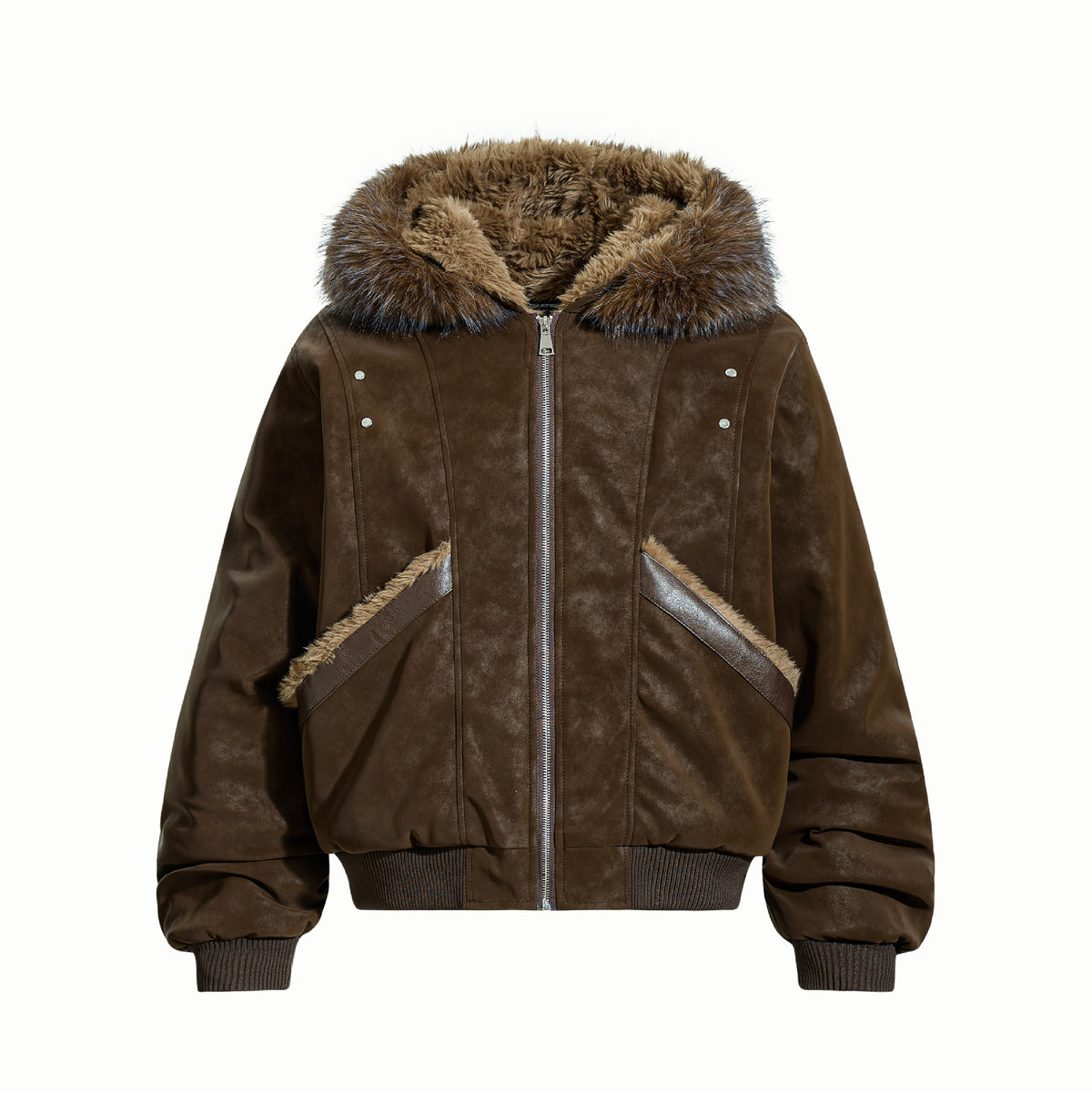 Plush collar hooded faux leather jacket in brown