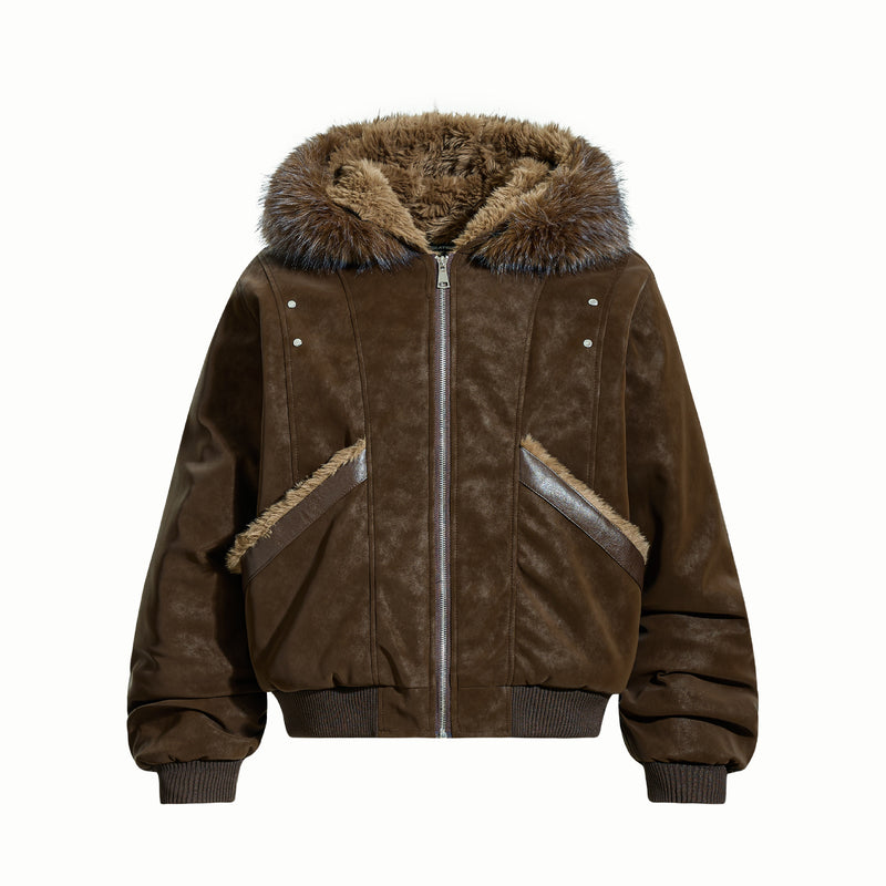 Plush collar hooded faux leather jacket in brown