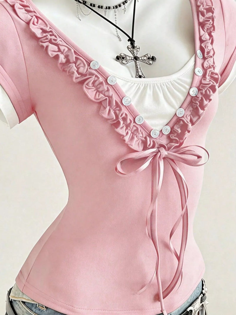 Pink frill cap sleeve slim fit T-shirt, view 2