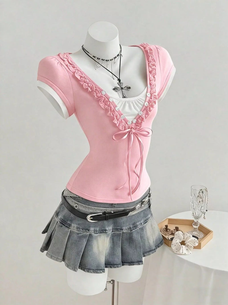 Pink frill cap sleeve slim fit T-shirt, view 4
