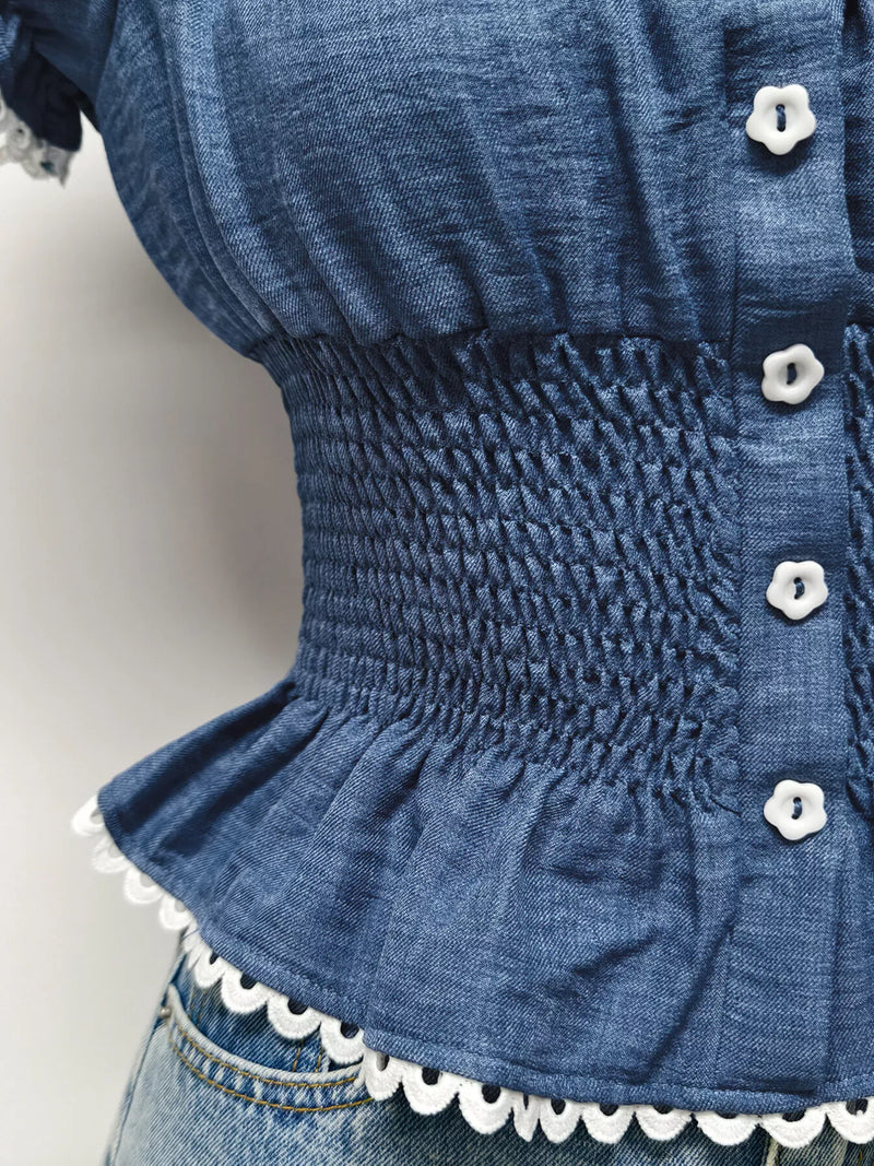 Blue smocked short sleeve blouse, view 3