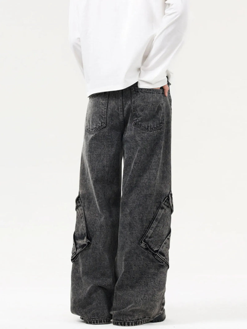 Men's black gray wide leg cargo jeans, view 3
