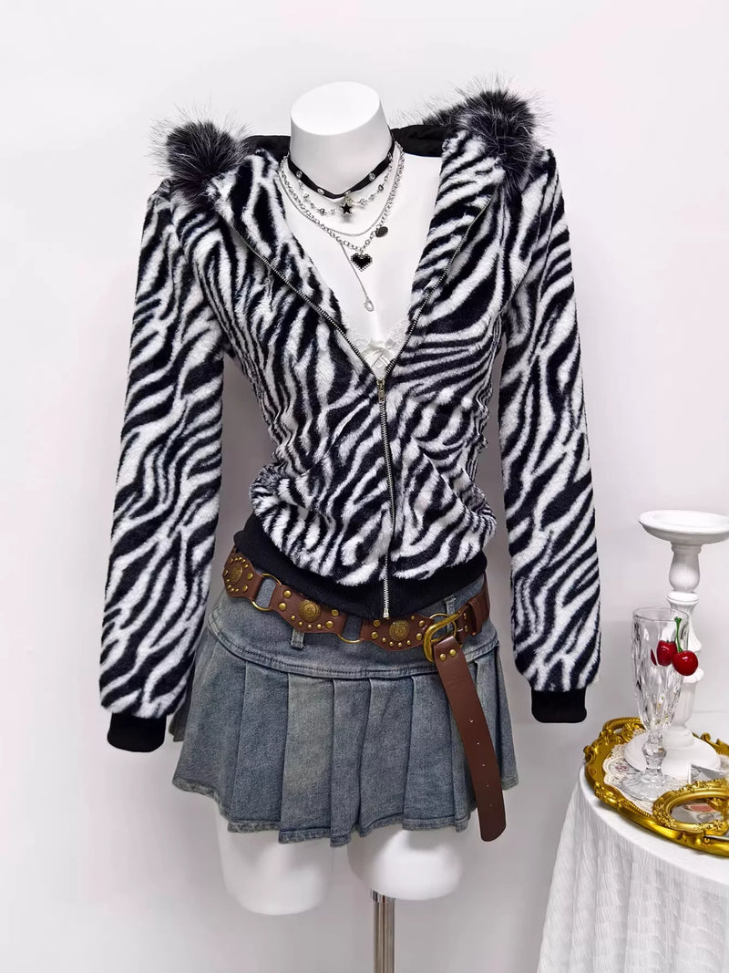 Zebra print faux fur hooded zip-up jacket, view 3