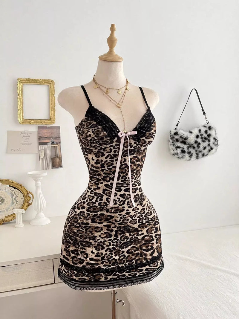 Leopard print lace trim mini dress, view 3