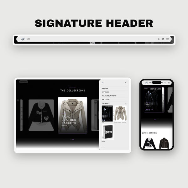 Signature Header pill with logo, menu drawer with The Vault, and mobile header