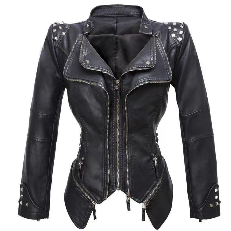 Black LEXE Willow Moto Jacket with studded shoulders and layered zips