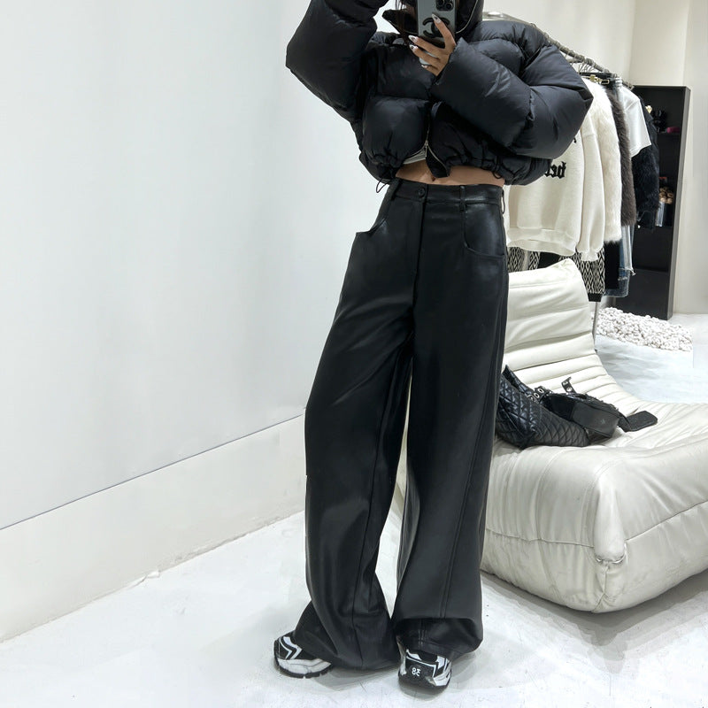 Black high waisted wide leg PU leather pants for women