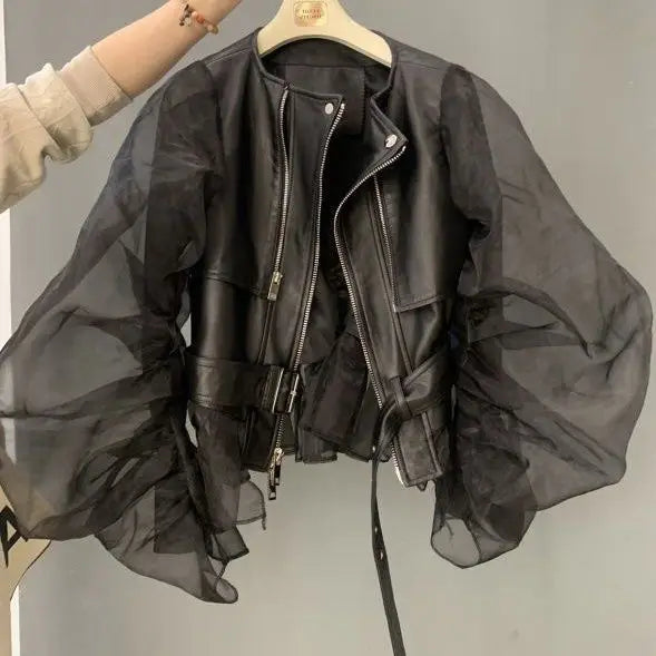 Short Coat Women Organza Bubble Sleeved Ruffled Fashion Leather Jacket Streetwear Retro Y2k Black Faux Leather Jacket Autumn