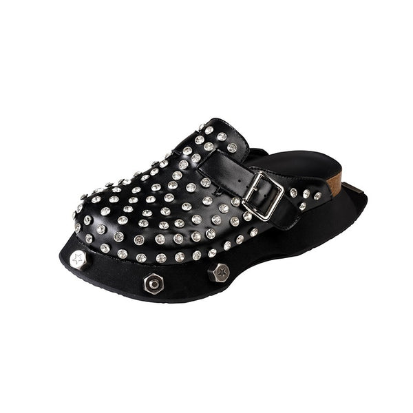 Women's black thick sole leather half slippers