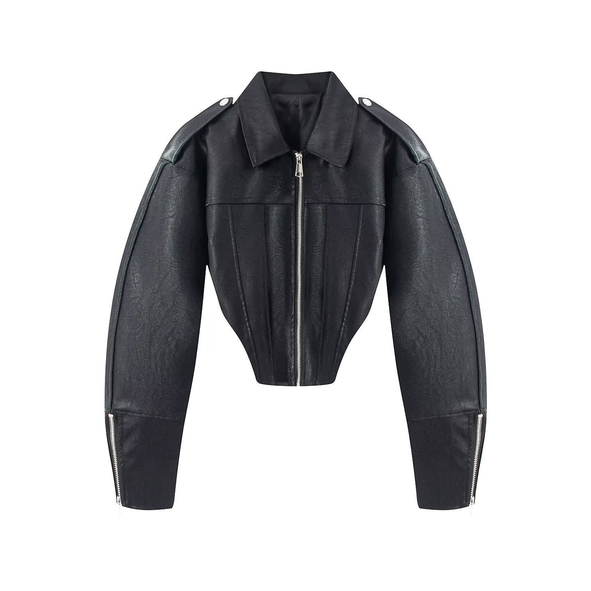 Retro motorcycle style shiny topcoat leather exposed waist short jacket