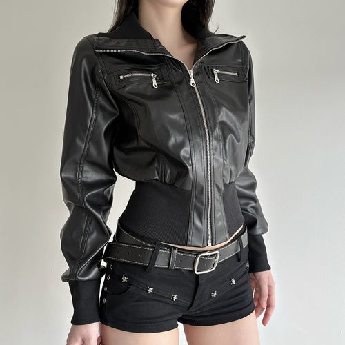 Women's black patchwork faux leather workwear jacket, view 2
