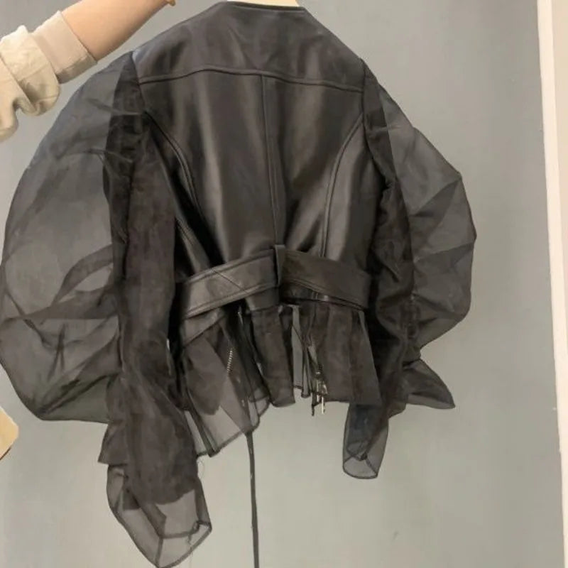 Short Coat Women Organza Bubble Sleeved Ruffled Fashion Leather Jacket Streetwear Retro Y2k Black Faux Leather Jacket Autumn