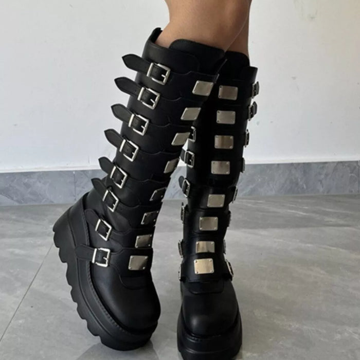 Multi-Buckle Platform Knee-High Boots