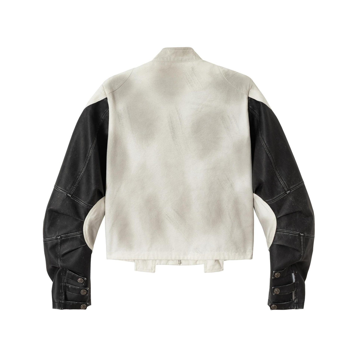 Skeleton digital printed patchwork stand up collar leather jacket