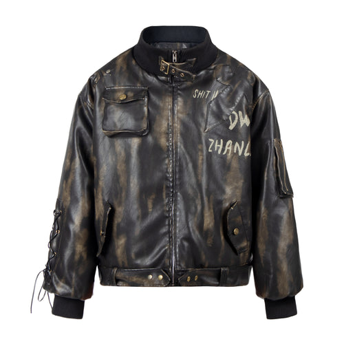 Vintage washed faux leather diamond quilted jacket