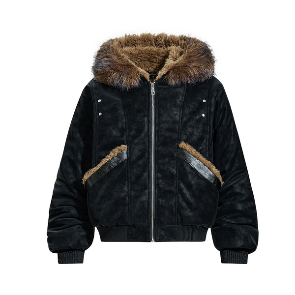 Plush collar hooded faux leather jacket