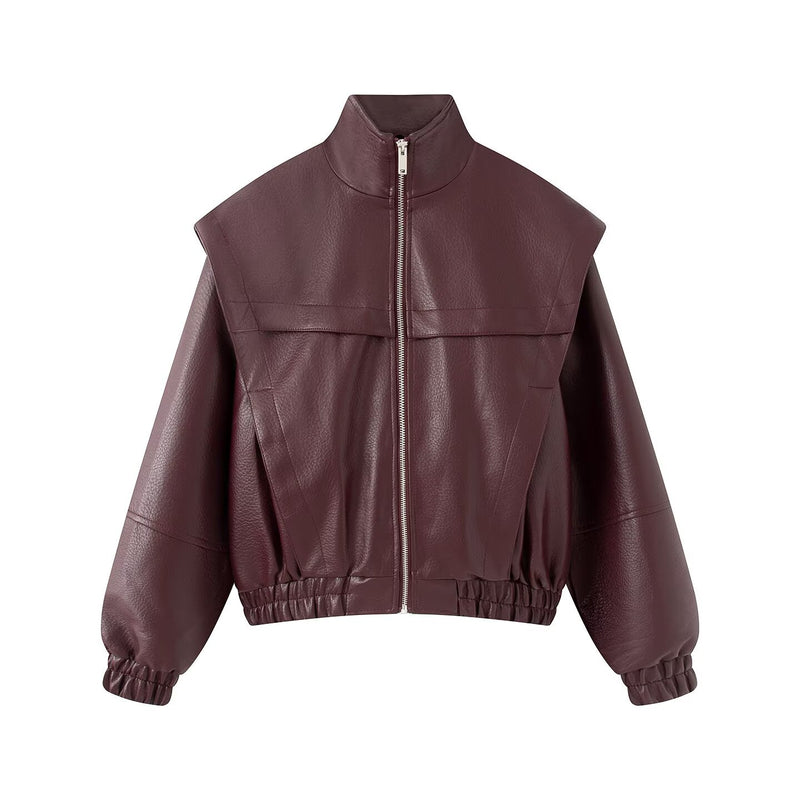 Men's litchi grain faux leather stand collar jacket in chestnut brown