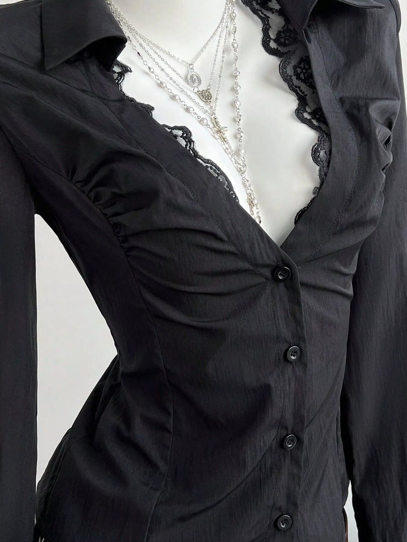 Black lace trim slim fit shirt, view 4