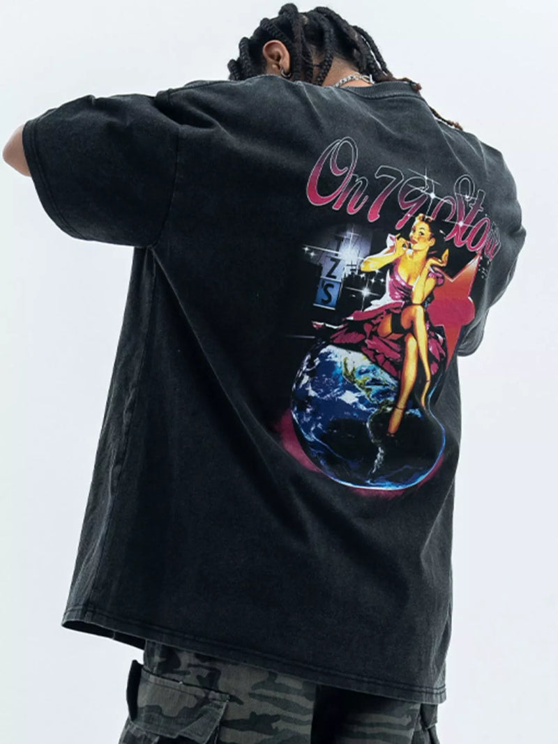 Men's black vintage graphic oversized T-shirt, view 2