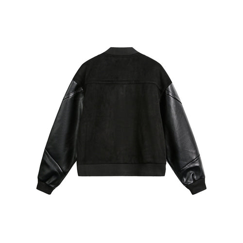 Men's wool and faux leather spliced varsity jacket, view 2