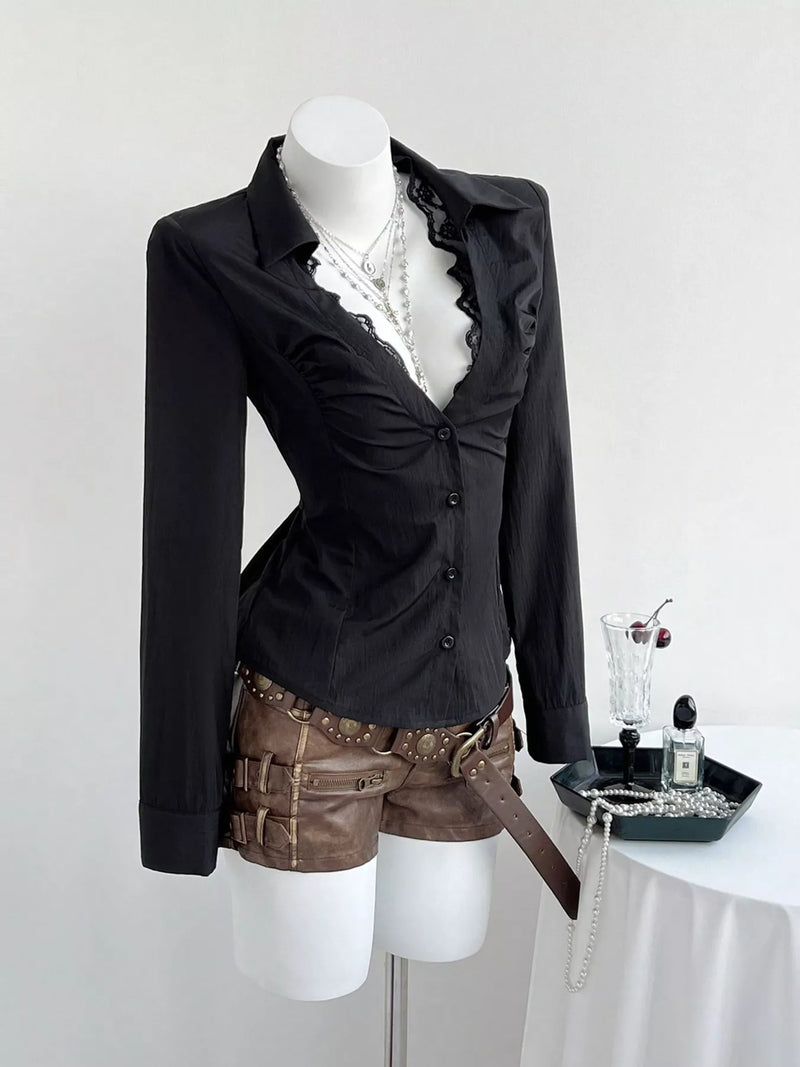 Black lace trim slim fit shirt