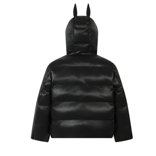 Hooded faux leather puffer jacket with devil horns, back view