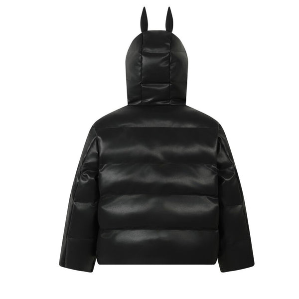 Hooded faux leather puffer jacket with devil horns, back view