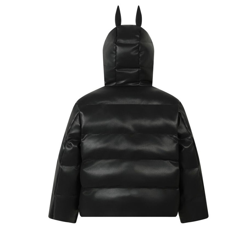 Hooded faux leather puffer jacket with devil horns, back view
